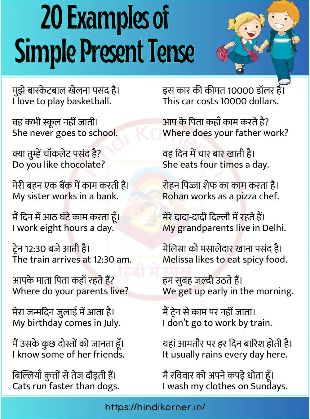 20 Examples of Simple Present Tense In Hindi to English